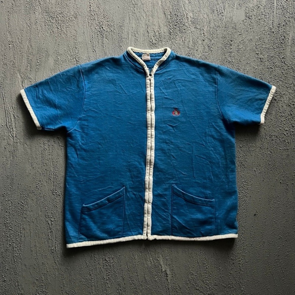 Vintage‎ Jantzen Sweatshirt Large Blue 1960s Short Sleeve Cotton Zip Up